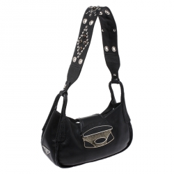 Pre Owned Prada Black Leather with Exotic Embossed Trim Small Shoulder Bag