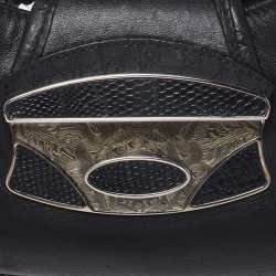 Pre Owned Prada Black Leather with Exotic Embossed Trim Small Shoulder Bag