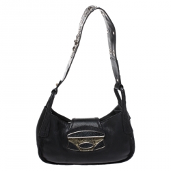 Pre Owned Prada Black Leather with Exotic Embossed Trim Small Shoulder Bag