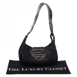 Pre Owned Prada Black Leather with Exotic Embossed Trim Small Shoulder Bag