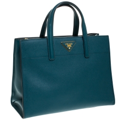 Pre Owned Prada Petroleum Green Saffiano Leather Triple Pocket Convertible Tote