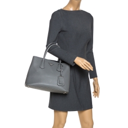 Pre Owned Prada Grey Saffiano Cuir Leather Medium Double Handle Tote