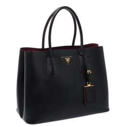 Pre Owned Prada Black Saffiano Cuir Leather Medium Double Handle Tote