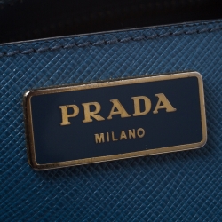 Pre Owned Prada Blue Bicolor Saffiano Lux Leather Medium Double Zip Tote