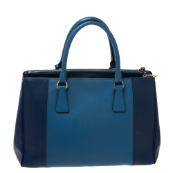 Pre Owned Prada Blue Bicolor Saffiano Lux Leather Medium Double Zip Tote