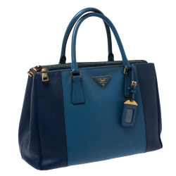 Pre Owned Prada Blue Bicolor Saffiano Lux Leather Medium Double Zip Tote
