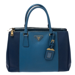 Pre Owned Prada Blue Bicolor Saffiano Lux Leather Medium Double Zip Tote