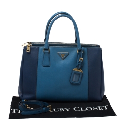 Pre Owned Prada Blue Bicolor Saffiano Lux Leather Medium Double Zip Tote