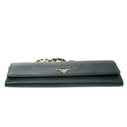 Pre Owned Prada Green Saffiano Lux Leather Metal Oro Chain Wallet