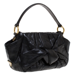 Pre Owned Prada Black Pleated Leather Bow Shoulder Bag