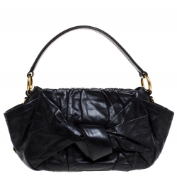 Pre Owned Prada Black Pleated Leather Bow Shoulder Bag
