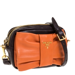 Pre Owned Prada Brown/Orange Leather Nappa Bow Zipper Crossbody Bag
