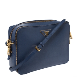 Pre Owned Prada Blue Leather Medium Camera Double Zip Crossbody Bag