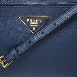 Pre Owned Prada Blue Leather Medium Camera Double Zip Crossbody Bag