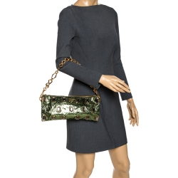 Pre Owned Prada Metallic Green Python Jewel Embellished Shoulder Bag