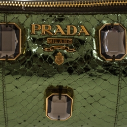Pre Owned Prada Metallic Green Python Jewel Embellished Shoulder Bag