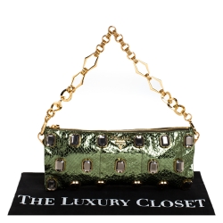 Pre Owned Prada Metallic Green Python Jewel Embellished Shoulder Bag
