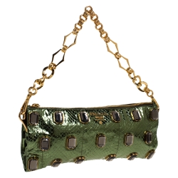 Pre Owned Prada Metallic Green Python Jewel Embellished Shoulder Bag