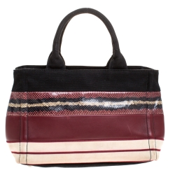 Pre Owned Prada Multicolor Striped Canvas Leather and Python Tote