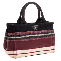 Pre Owned Prada Multicolor Striped Canvas Leather and Python Tote