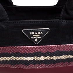 Pre Owned Prada Multicolor Striped Canvas Leather and Python Tote