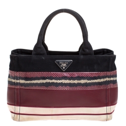 Pre Owned Prada Multicolor Striped Canvas Leather and Python Tote