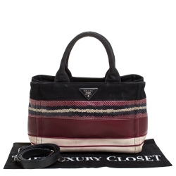 Pre Owned Prada Multicolor Striped Canvas Leather and Python Tote