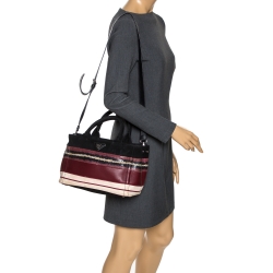 Pre Owned Prada Multicolor Striped Canvas Leather and Python Tote