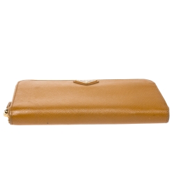 Pre Owned Prada Mustard Yellow Saffiano Lux Leather Zip Around Wallet