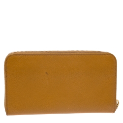 Pre Owned Prada Mustard Yellow Saffiano Lux Leather Zip Around Wallet