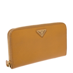 Pre Owned Prada Mustard Yellow Saffiano Lux Leather Zip Around Wallet