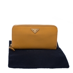 Pre Owned Prada Mustard Yellow Saffiano Lux Leather Zip Around Wallet