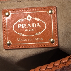 Pre Owned Prada Orange Woven Goatskin Leather Madras Top Handle Bag