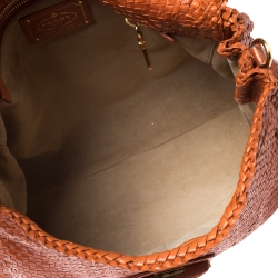 Pre Owned Prada Orange Woven Goatskin Leather Madras Top Handle Bag