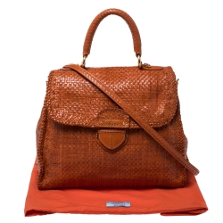 Pre Owned Prada Orange Woven Goatskin Leather Madras Top Handle Bag