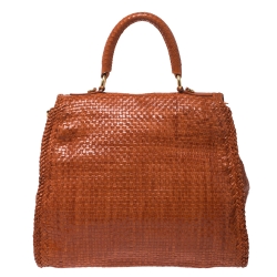 Pre Owned Prada Orange Woven Goatskin Leather Madras Top Handle Bag