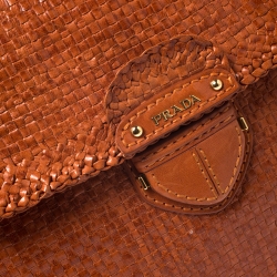 Pre Owned Prada Orange Woven Goatskin Leather Madras Top Handle Bag