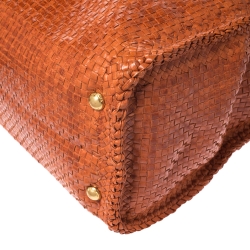 Pre Owned Prada Orange Woven Goatskin Leather Madras Top Handle Bag