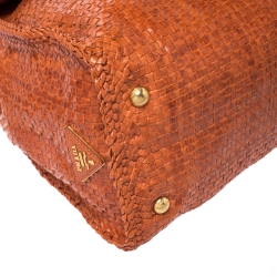 Pre Owned Prada Orange Woven Goatskin Leather Madras Top Handle Bag