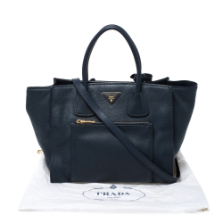 Pre Owned Prada Blue Vitello Daino Leather Front Pocket Convertible Tote