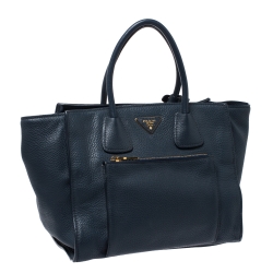 Pre Owned Prada Blue Vitello Daino Leather Front Pocket Convertible Tote