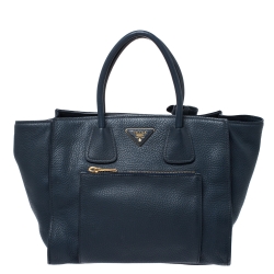 Pre Owned Prada Blue Vitello Daino Leather Front Pocket Convertible Tote
