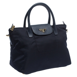 Pre Owned Prada Navy Blue Nylon And Saffiano Leather Medium Tote