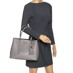 Pre Owned Prada Grey Saffiano Cuir Leather Medium Double Handle Tote