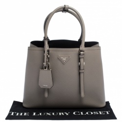Pre Owned Prada Grey Saffiano Cuir Leather Medium Double Handle Tote