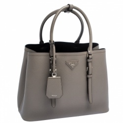 Pre Owned Prada Grey Saffiano Cuir Leather Medium Double Handle Tote