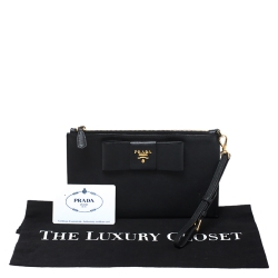 Pre Owned Prada Black Saffiano Fiocco Leather Wristlet Pouch