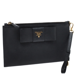 Pre Owned Prada Black Saffiano Fiocco Leather Wristlet Pouch