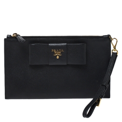 Pre Owned Prada Black Saffiano Fiocco Leather Wristlet Pouch