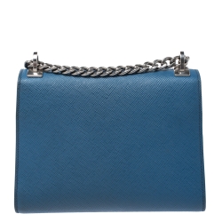 Pre Owned Prada Blue Saffiano Leather Flap Shoulder Bag